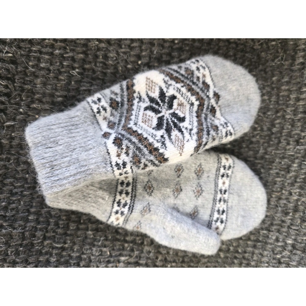 Handmade Goat Down Mittens Thick Warm Winter Fair Isle Nordic Snow Gloves Gray